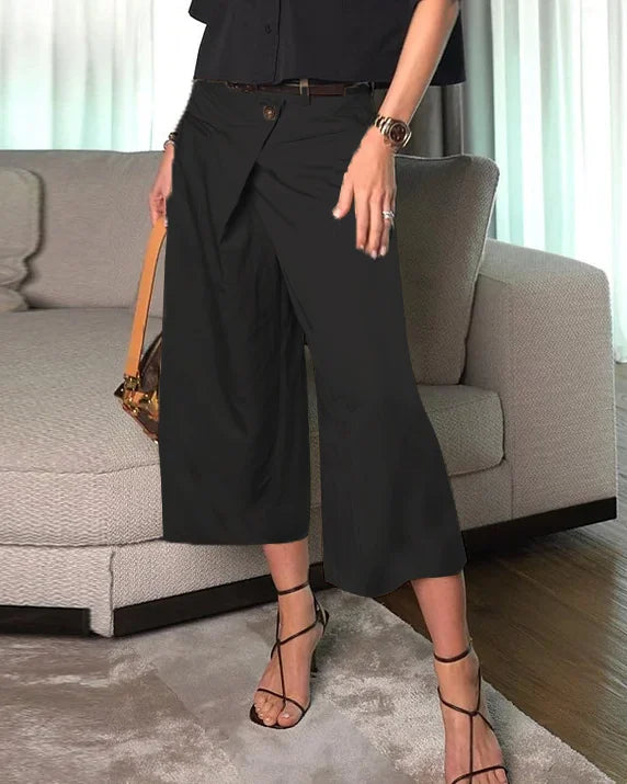 Short-Sleeved Lapel Top + 8-Point Pants Two-Piece Set