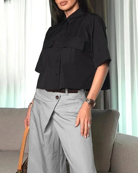 Short-Sleeved Lapel Top + 8-Point Pants Two-Piece Set
