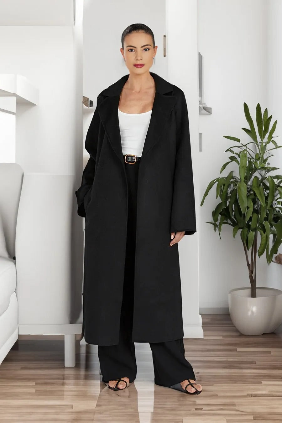 Aura Women's Lapel Coat - Longline,beige and black
