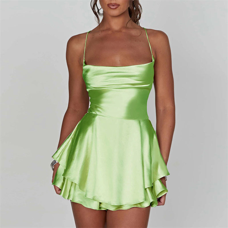 Satin Short Romper with Backless Design - Elegance and Glamour for the Night