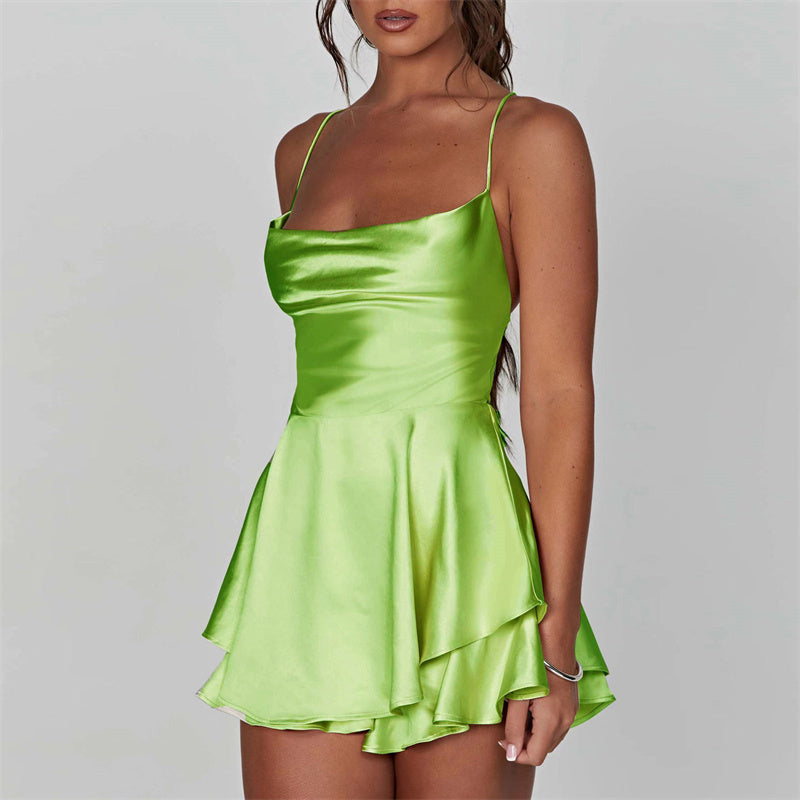 Satin Short Romper with Backless Design - Elegance and Glamour for the Night