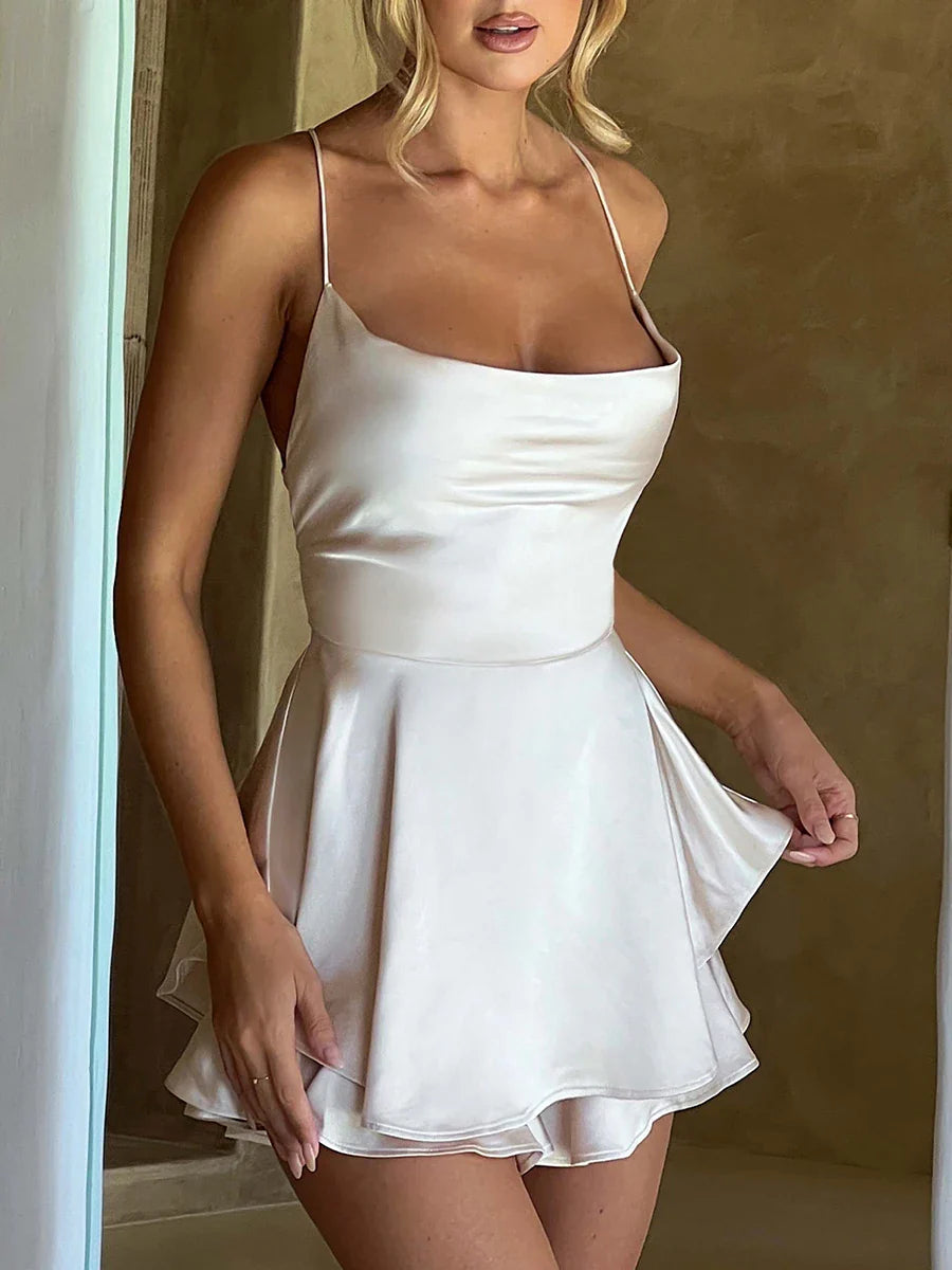 Satin Short Romper with Backless Design - Elegance and Glamour for the Night