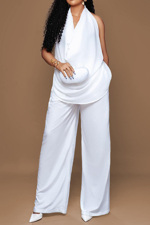 Stylish Halter Cowl Neck Top and Loose Pants Set