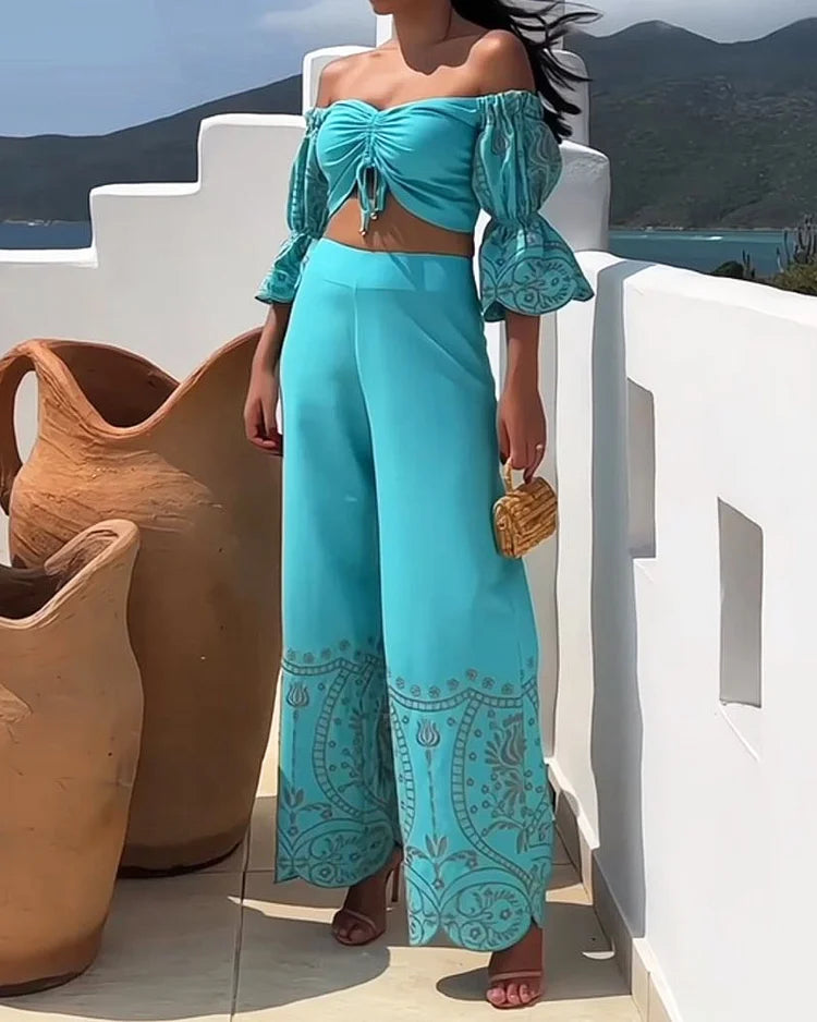 Off-Shoulder Printed Casual Two-Piece Suit