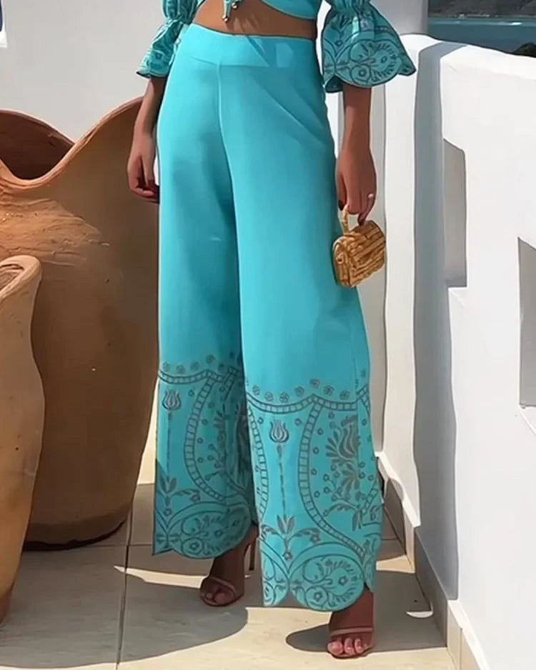 Off-Shoulder Printed Casual Two-Piece Suit