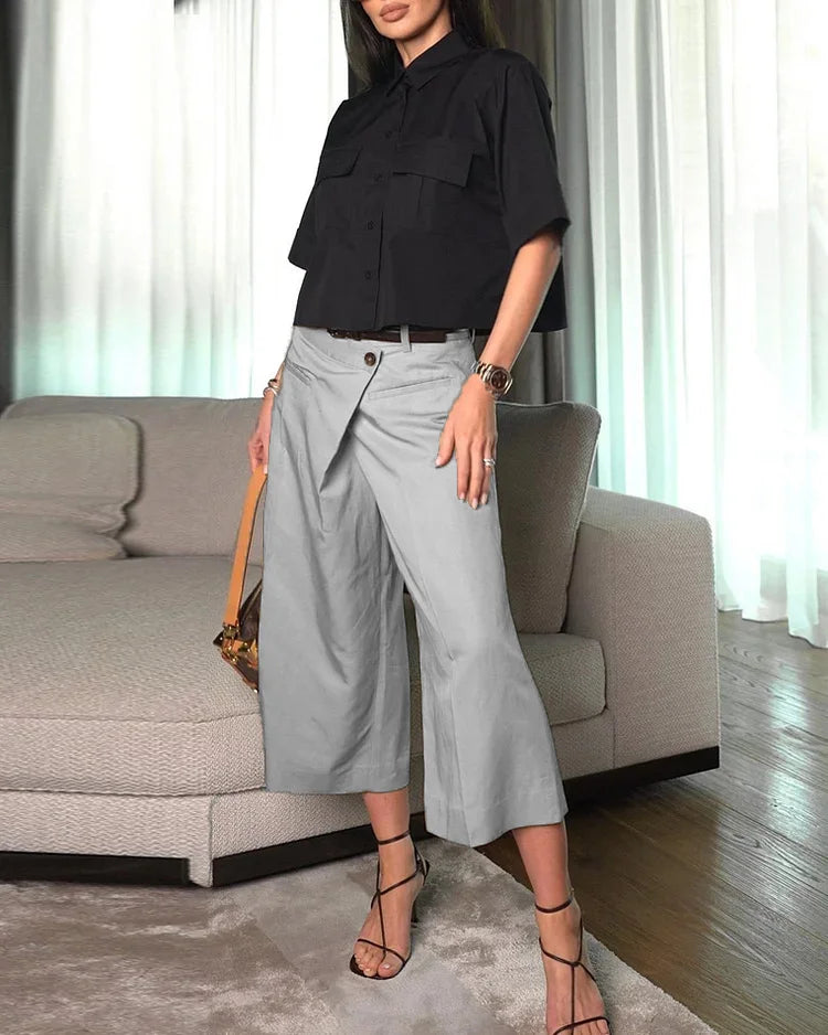 Short-Sleeved Lapel Top + 8-Point Pants Two-Piece Set