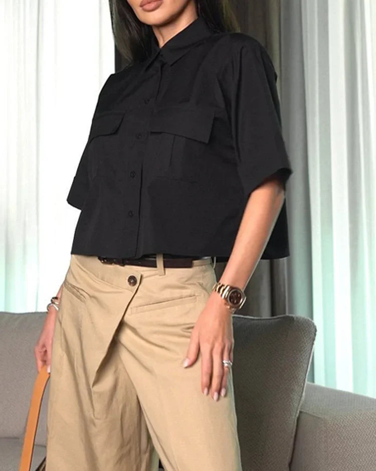 Short-Sleeved Lapel Top + 8-Point Pants Two-Piece Set