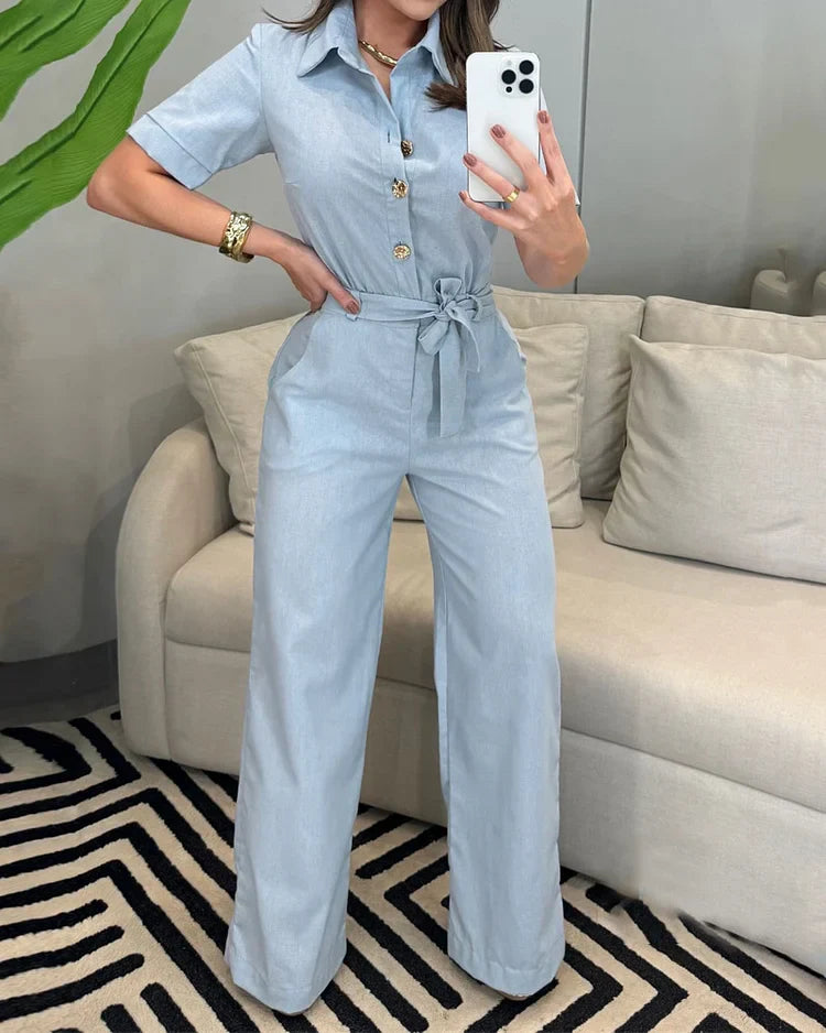 Lapel Short Sleeve Solid Color Jumpsuit