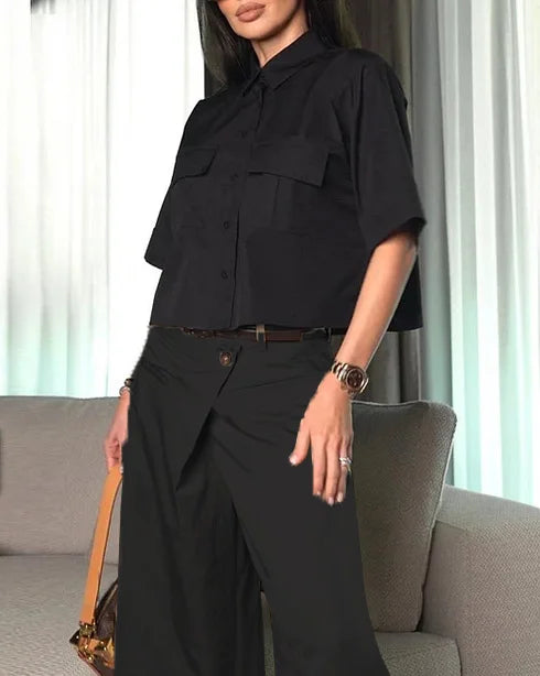 Short-Sleeved Lapel Top + 8-Point Pants Two-Piece Set